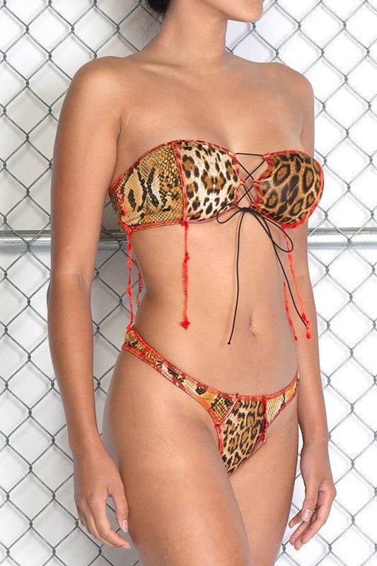 Illegal Leopard Fringed Bandeau Bikini Set