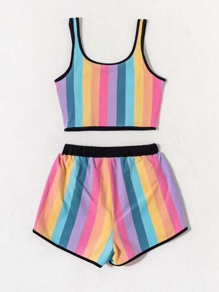 Rainbow Stripe Tank Crop Top & Shorts Set