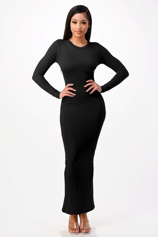 Solid Colored Long Sleeve Crew Neck Maxi Dress